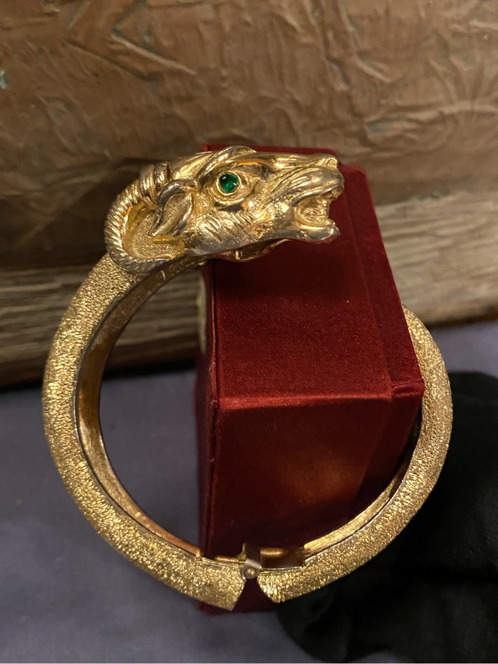 Gold Ram Head Hinged Bangle Bracelet with Green Stone Eyes